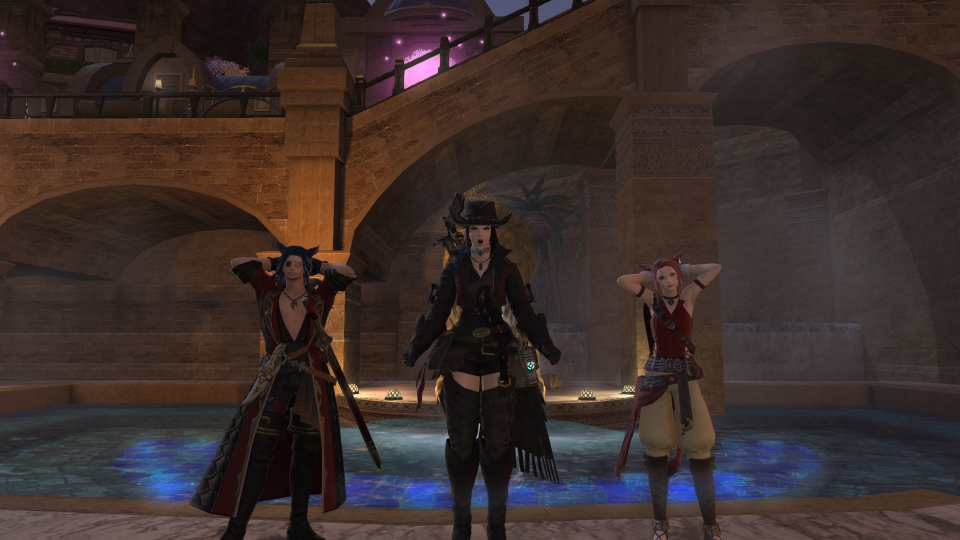 Kisuke Ataruki, Elizabeth Ai, and Skyde Panthera in The Goblet housing area fountain, Final Fantasy XIV group photo